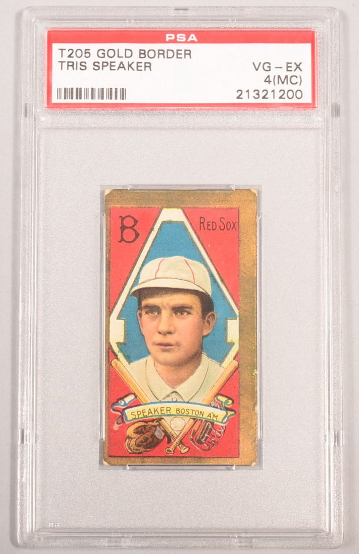 T-205 gold border card circa 1911. Tris Speaker of: T-205 gold border card circa 1911. Tris Speaker of Boston with a Piedmont back. Condition: VG/EX 4 (MC) off center to left bottom in a PSA graded holder.
