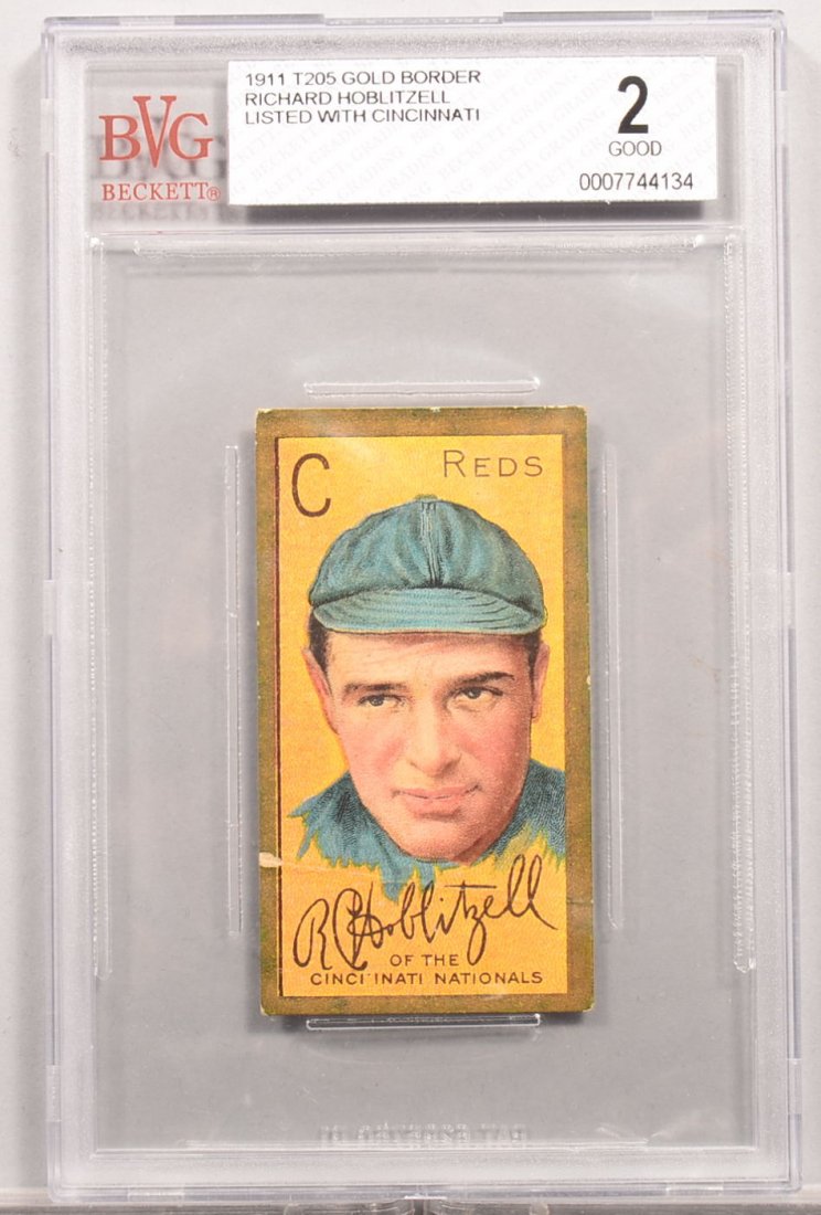 T-205 gold border card circa 1911. Richard Hoblitzell: T-205 gold border card circa 1911. Richard Hoblitzell of Cincinnati with "Cin" after second 1908 in stats with an Honest Long Cut back. Note: The second "n" in Cincinnati on the front was printed inco