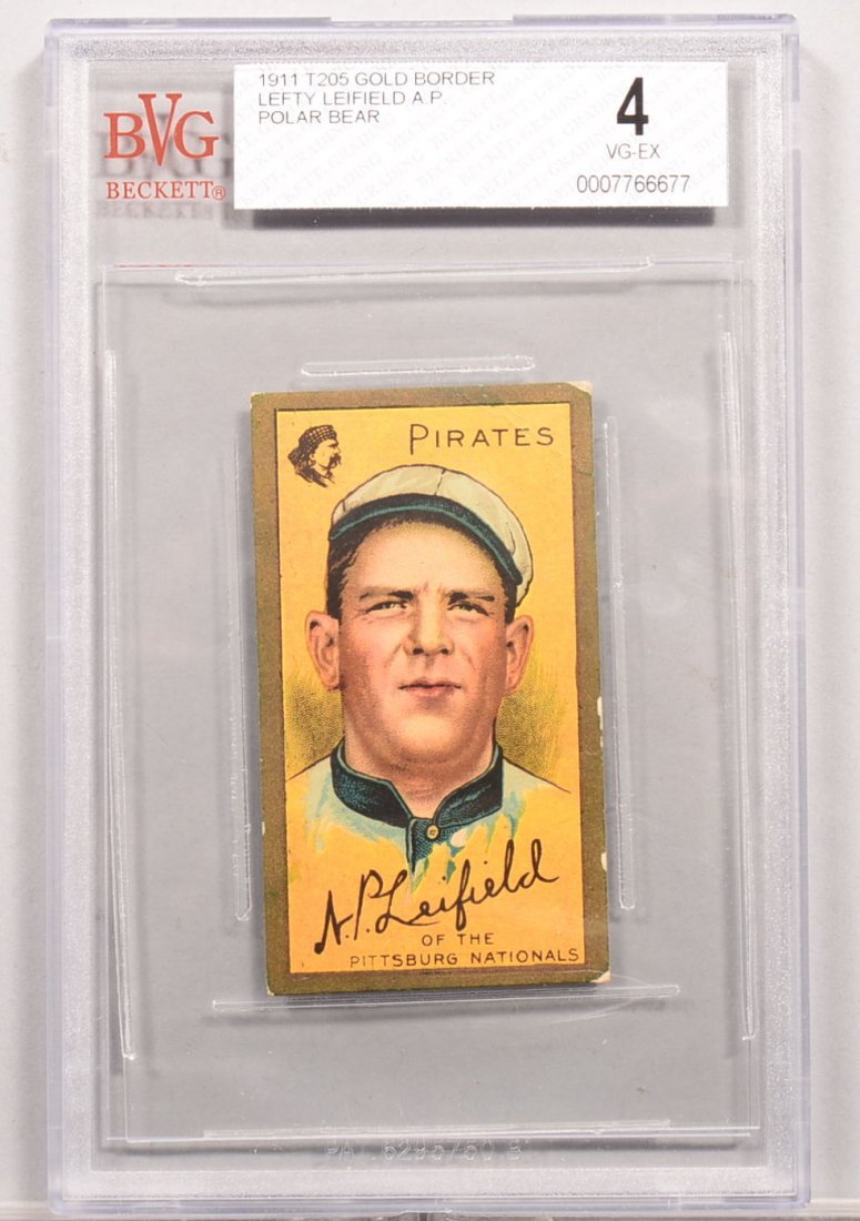 T-205 gold border card circa 1911. Albert Leifield: T-205 gold border card circa 1911. Albert Leifield (initials A.P. on front) of Pittsburg with a Polar Bear back. Condition: VG/EX 4 in a Beckett graded holder.