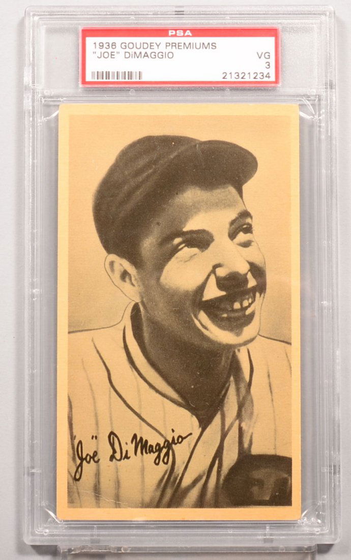 Goudey Premiums circa 1936. Joe DiMaggio. Condition: VG: Goudey Premiums circa 1936. Joe DiMaggio. Condition: VG 3 in a PSA graded holder. Note: We are in agreement that a VG 3 net is technically accurate. However, other than the faint minor wrinkle, the ca