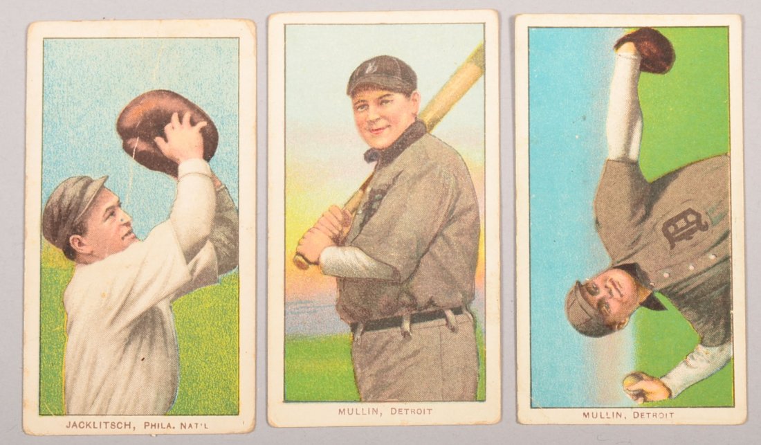 Three T-206 white border cards circa 1909-1911. The: Three T-206 white border cards circa 1909-1911. The first is Fred Jacklitsch of Philadelphia with a Piedmont back. The second is George Mullin with bat of Detroit with a Piedmont back. The third is Ge