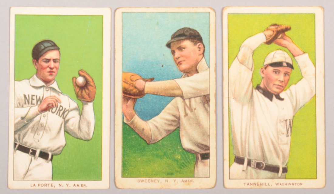 Three T-206 white border cards circa 1909-1911. The: Three T-206 white border cards circa 1909-1911. The first is Frank LaPorte of New York with a Piedmont back. The second is Jeff Sweeney of New York with a Polar Bear back. The third is Jesse Tannehill