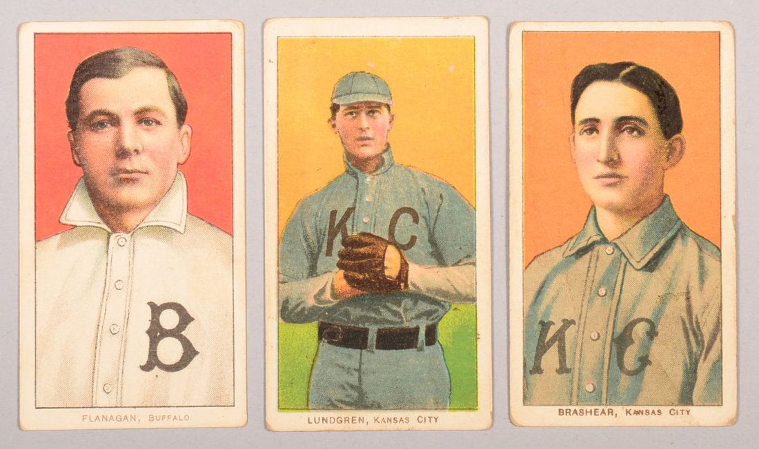 Three T-206 white border cards circa 1909-1911. The: Three T-206 white border cards circa 1909-1911. The first is Steamer Flanagan of Buffalo with a Piedmont back. The second is Carl Lundgren of Kansas City with a Piedmont back. The third is Roy Brashea