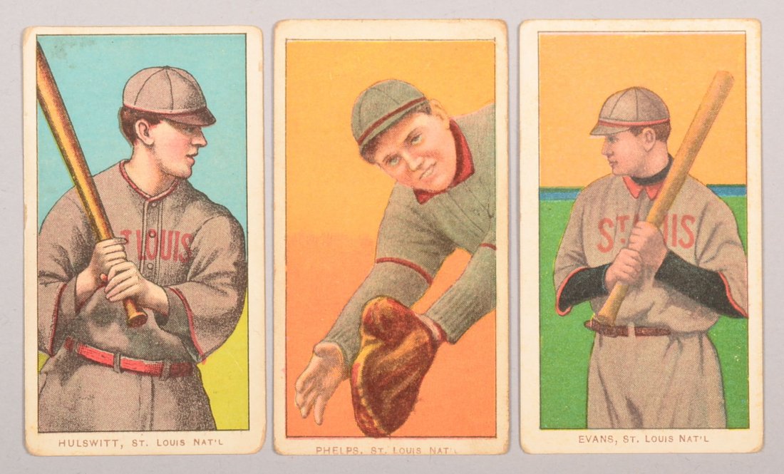 Three T-206 white border cards circa 1909-1911. The: Three T-206 white border cards circa 1909-1911. The first is Rudy Hulswitt of St. Louis with a Piedmont back. The second is Eddie Phelps of St. Louis with a Piedmont back. The third is Steve Evans of