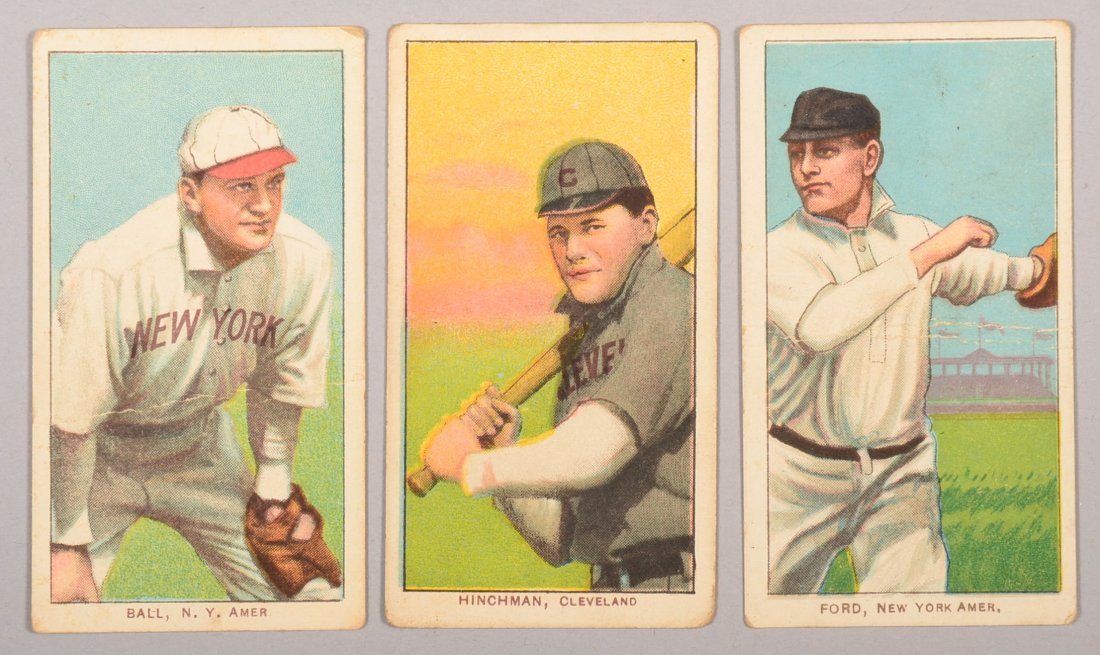 Three T-206 white border cards circa 1909-1911. The: Three T-206 white border cards circa 1909-1911. The first is Neal Ball of New York with a Piedmont back. The second is Bill Hinchman of Cleveland with a Piedmont back. The third is Russ Ford of New Yo