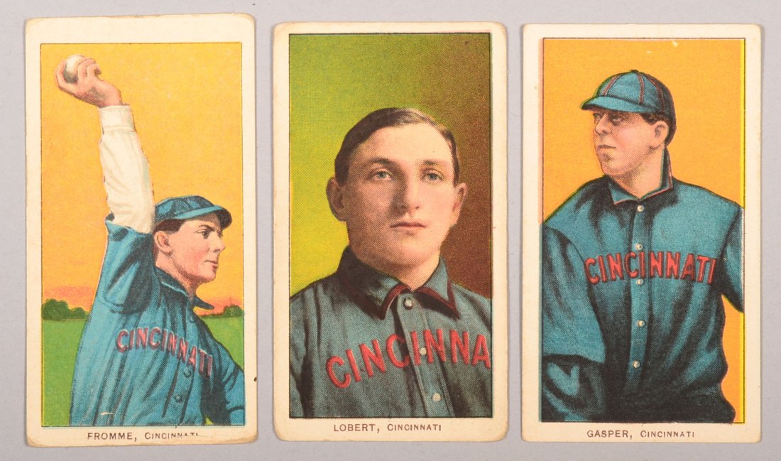 Three T-206 white border cards circa 1909-1911. The: Three T-206 white border cards circa 1909-1911. The first is Art Fromme of Cincinnati with a Piedmont back. The second is Hans Lobert of Cincinnati with a Piedmont back. The third is Harry Gaspar of C