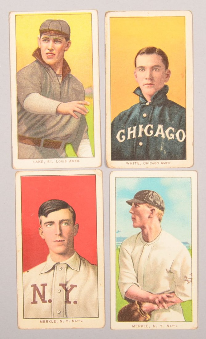 Four T-206 white border cards circa 1909-1911. The: Four T-206 white border cards circa 1909-1911. The first is Joe Lake of St. Louis with a Piedmont back, no ball in hand. The second is Doc White of Chicago with a Piedmont back, portrait. The third is
