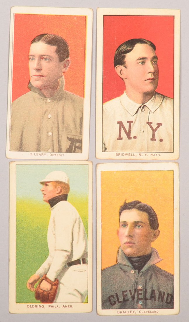 Four T-206 white border cards circa 1909-1911. The: Four T-206 white border cards circa 1909-1911. The first is Charley O'Leary of Detroit with a Piedmont back, portrait. The second is Al Bridwell of New York with a Piedmont back, portrait without cap.