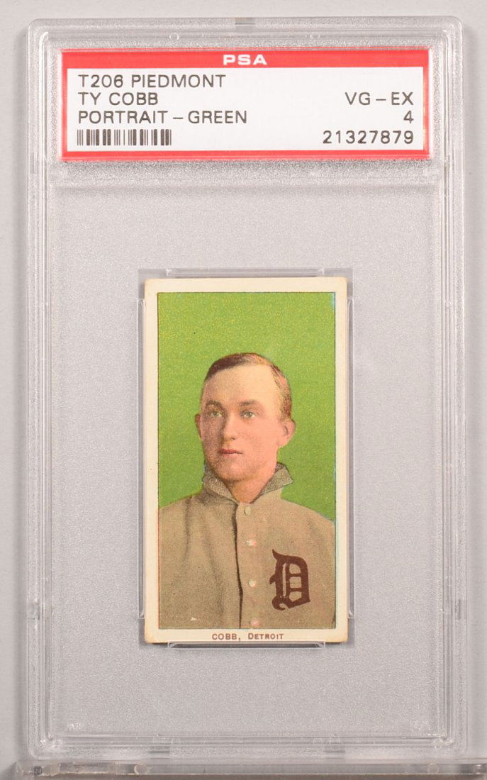 T-206 white border card circa 1909-1911. Ty Cobb of: T-206 white border card circa 1909-1911. Ty Cobb of Detroit with a Piedmont back, portrait with green background. Condition: VG/EX 4 in a PSA graded holder.