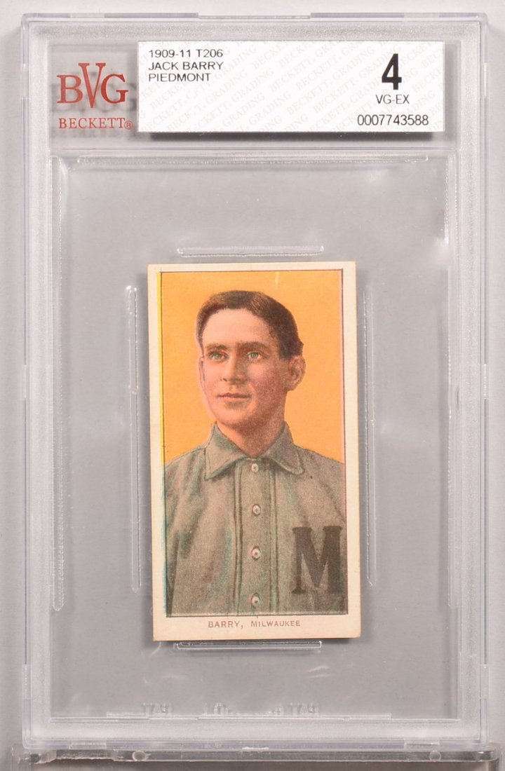 T-206 white border card circa 1909-1911. Shad Barry of: T-206 white border card circa 1909-1911. Shad Barry of Milwaukee with a Piedmont back. Condition: VG/EX 4 in a Beckett graded holder. Subtle bend at left side, otherwise appearance of NM 7.