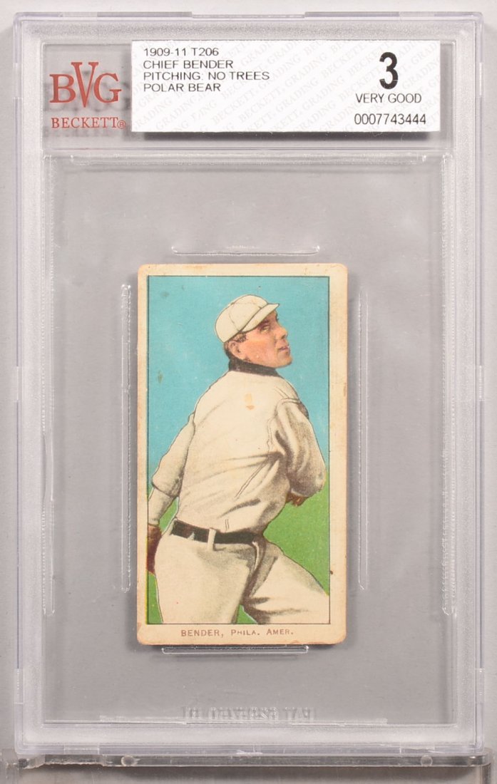 T-206 white border card circa 1909-1911. Chief Bender: T-206 white border card circa 1909-1911. Chief Bender of Philadelphia with a Polar Bear back, pitching, no trees in background. Condition: VG 3 in a Beckett graded holder. In our opinion VG/EX 4.