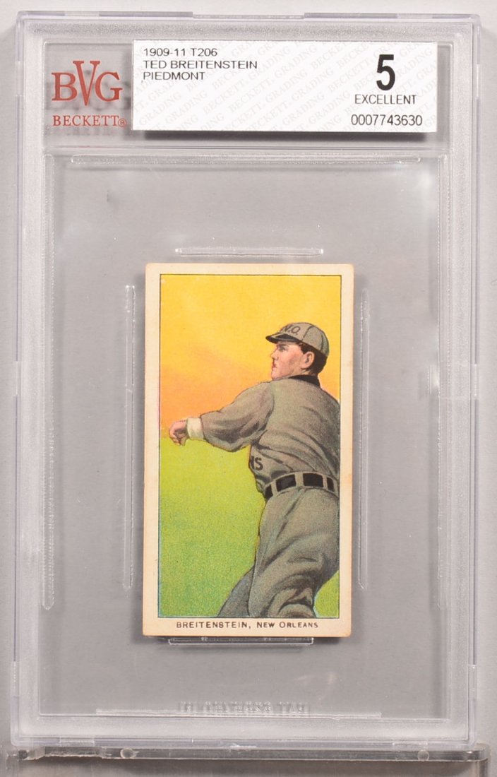 T-206 white border card circa 1909-1911. Ted: T-206 white border card circa 1909-1911. Ted Breitenstein of New Orleans with a Piedmont back. Condition: EX 5 in a Beckett graded holder. In our opinion EX/MT 6.