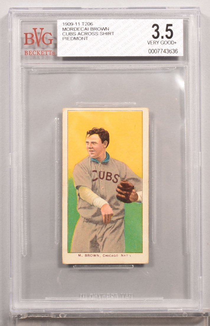 T-206 white border card circa 1909-1911. Mordecai Brown: T-206 white border card circa 1909-1911. Mordecai Brown of Chicago with a Piedmont back, Cubs on shirt, just threw ball. Condition: VG+ 3.5 in a Beckett graded holder. In our opinion EX 5.