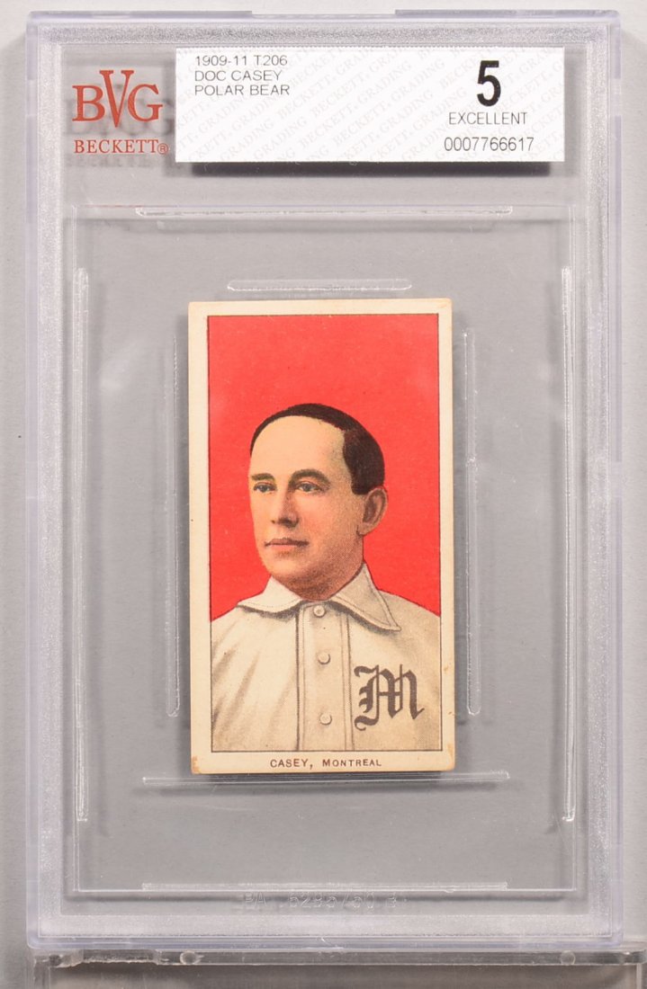 T-206 white border card circa 1909-1911. Doc Casey of: T-206 white border card circa 1909-1911. Doc Casey of Montreal with a Polar Bear back. Condition: EX 5 in a Beckett graded holder.