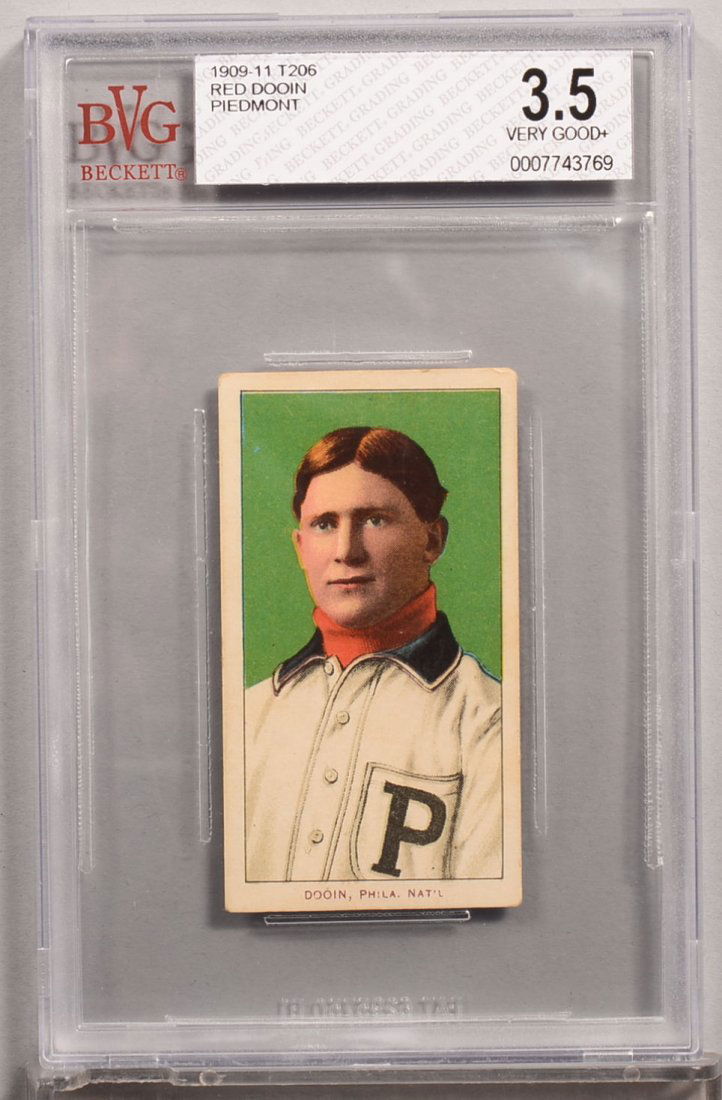 T-206 white border card circa 1909-1911. Red Dooin of: T-206 white border card circa 1909-1911. Red Dooin of Philadelphia with a Piedmont back. Condition: VG+ 3.5 in a Beckett graded holder. Back has light stain. Front has appearance of EX 5.