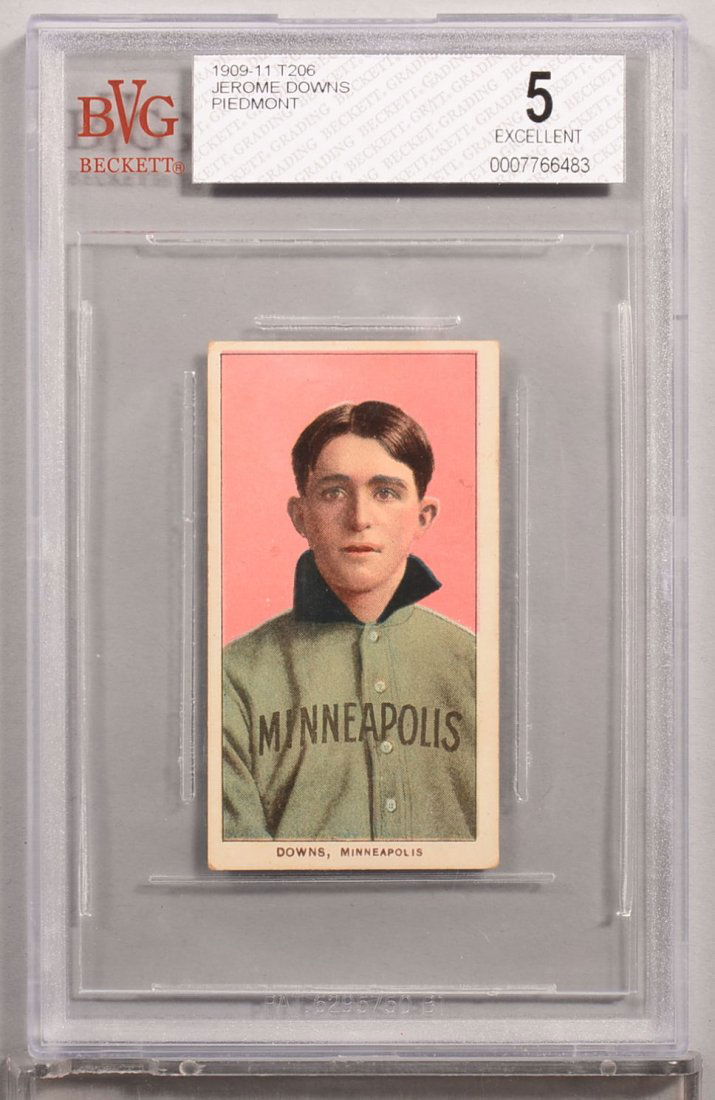 T-206 white border card circa 1909-1911. Jerry Downs of: T-206 white border card circa 1909-1911. Jerry Downs of Minneapolis with a Piedmont back. Condition: EX 5 in a Beckett graded holder.
