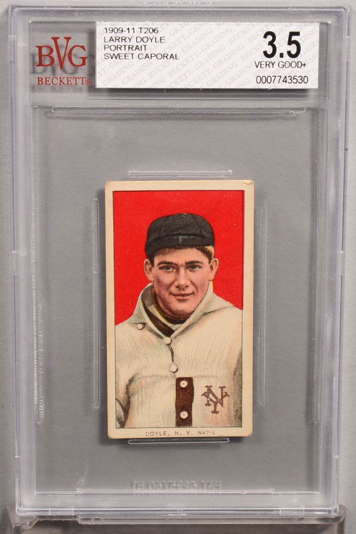 T-206 white border card circa 1909-1911. Larry Doyle of: T-206 white border card circa 1909-1911. Larry Doyle of New York with a Sweet Caporal back, N. Y. Nat'l portrait. Condition: VG+ 3.5 in a Beckett graded holder.