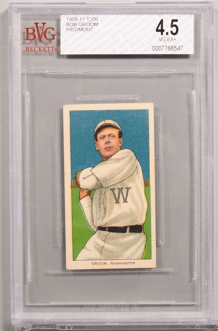 T-206 white border card circa 1909-1911. Bob Groom of: T-206 white border card circa 1909-1911. Bob Groom of Washington with a Piedmont back. Condition: VG/EX+ 4.5 in a Beckett graded holder. In our opinion EX 5.