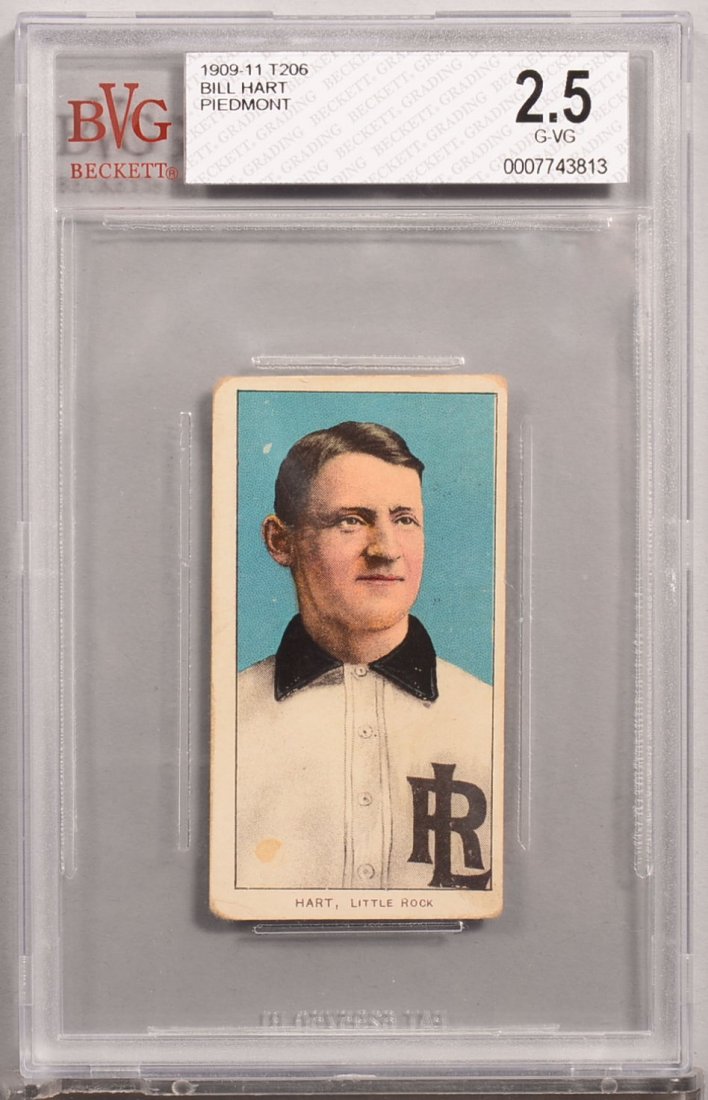 T-206 white border card circa 1909-1911. Bill Hart of: T-206 white border card circa 1909-1911. Bill Hart of Little Rock with a Piedmont back. Condition: Good/VG 2.5 in a Beckett graded holder. In our opinion VG 3.