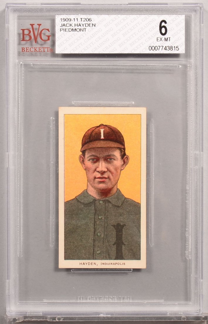 T-206 white border card circa 1909-1911. Jack Hayden of: T-206 white border card circa 1909-1911. Jack Hayden of Indianapolis with a Piedmont back. Condition: EX/MT 6 in a Beckett graded holder. In our opinion NM 7.