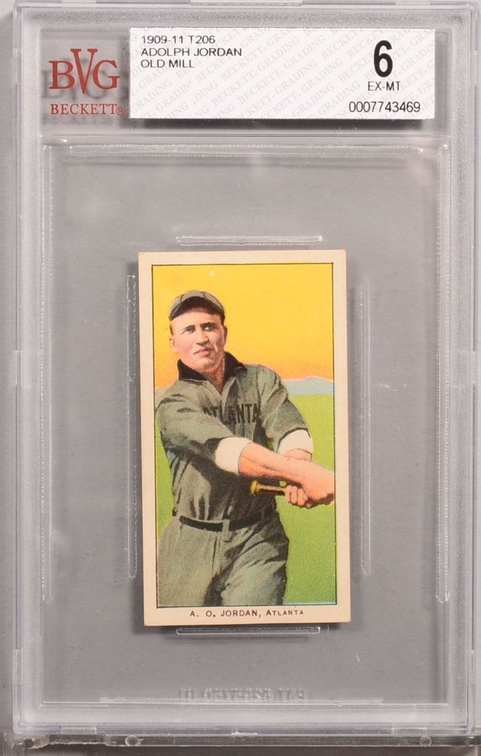 T-206 white border card circa 1909-1911. A. O. Jordan: T-206 white border card circa 1909-1911. A. O. Jordan of Atlanta with an Old Mill back. Also known as Dutch Jordan. Condition: EX/MT 6 in a Beckett graded holder. In our opinion MT 9.