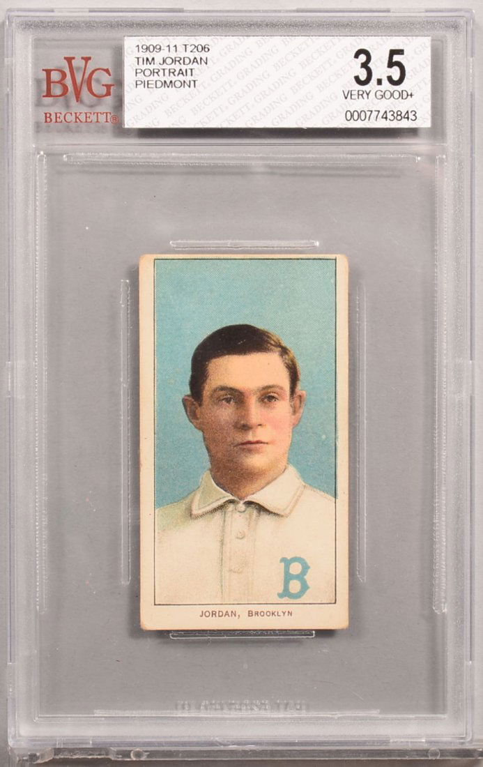 T-206 white border card circa 1909-1911. Tim Jordan of: T-206 white border card circa 1909-1911. Tim Jordan of Brooklyn with a Piedmont back, portrait. Condition: VG+ 3.5 in a Beckett graded holder. Back is centered to left. Otherwise, in our opinion, VG/E