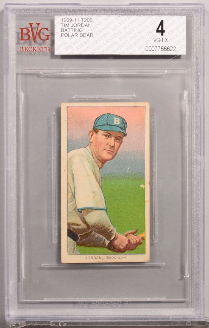 T-206 white border card circa 1909-1911. Tim Jordan of: T-206 white border card circa 1909-1911. Tim Jordan of Brooklyn with a Polar Bear back, batting. Condition: VG/EX 4 in a Beckett graded holder. Tiny surface scuffs on front background.