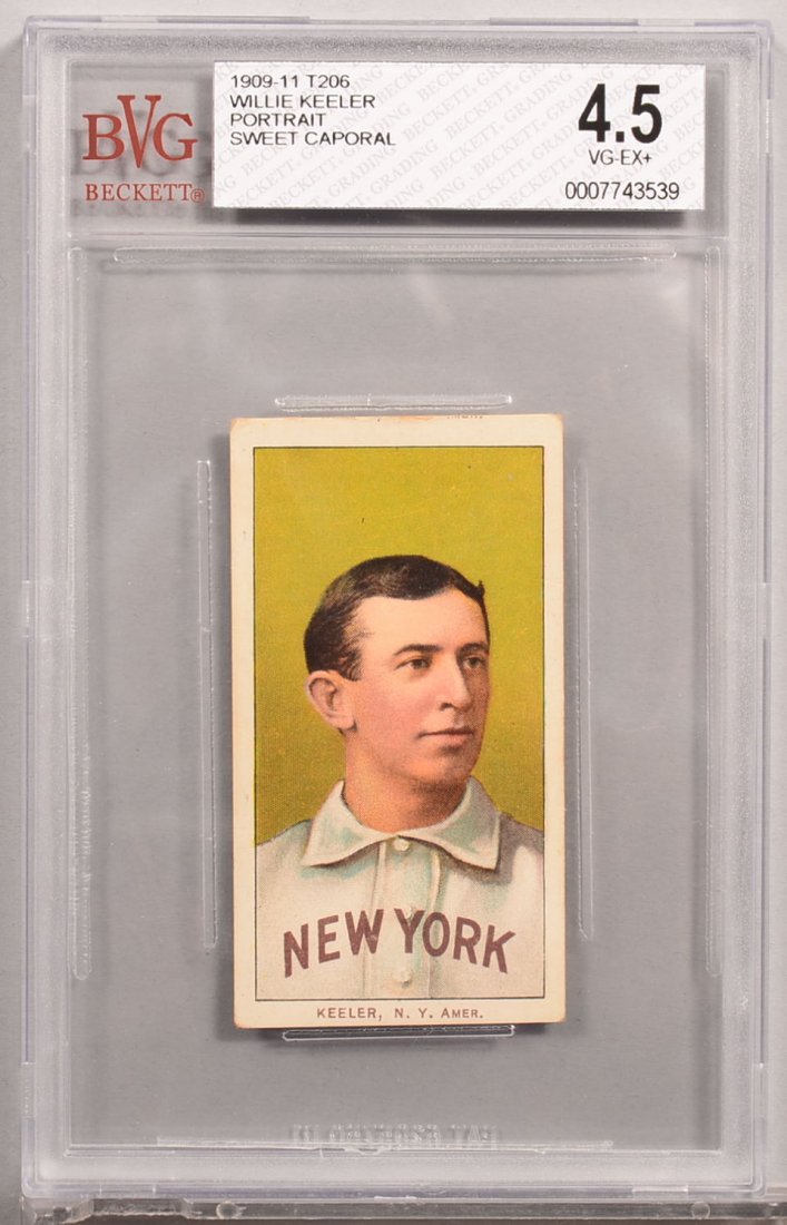 T-206 white border card circa 1909-1911. Willie Keeler: T-206 white border card circa 1909-1911. Willie Keeler of New York with a Sweet Caporal back, portrait. Condition: VG/EX+ 4.5 in a Beckett graded holder. In our opinion EX 5.