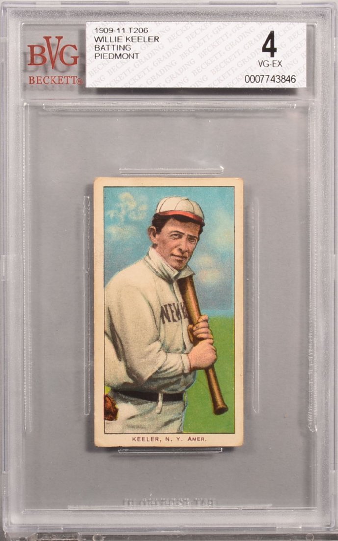 T-206 white border card circa 1909-1911. Willie Keeler: T-206 white border card circa 1909-1911. Willie Keeler of New York with a Piedmont back, with bat. Condition: VG/EX 4 in a Beckett graded holder. In our opinion EX 5.