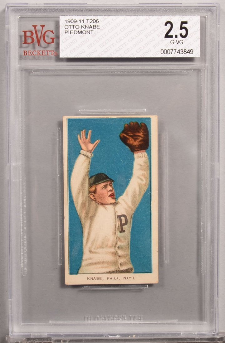 T-206 white border card circa 1909-1911. Otto Knabe of: T-206 white border card circa 1909-1911. Otto Knabe of Philadelphia with a Piedmont back. Condition: Good/VG 2.5 in a Beckett graded holder. In our opinion EX+ 5.5 front. Back has paper flaws near bot