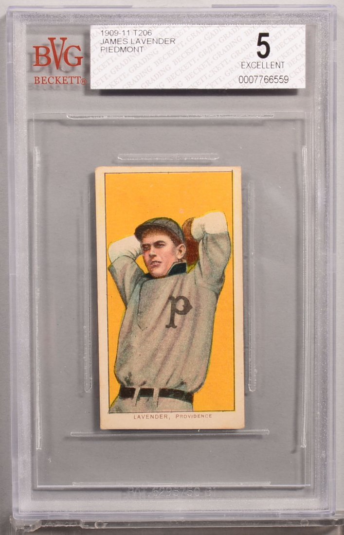 T-206 white border card circa 1909-1911. James Lavender: T-206 white border card circa 1909-1911. James Lavender of Providence with a Piedmont back. Condition: EX 5 in a Beckett graded holder. Has angular cut at top and bottom borders as made.