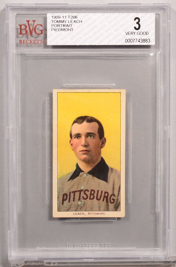 T-206 white border card circa 1909-1911. Tommy Leach of: T-206 white border card circa 1909-1911. Tommy Leach of Pittsburg with a Piedmont back, portrait. Condition: VG 3 in a Beckett graded holder. General appearance of EX/MT 6 but has faint crease so VG 3