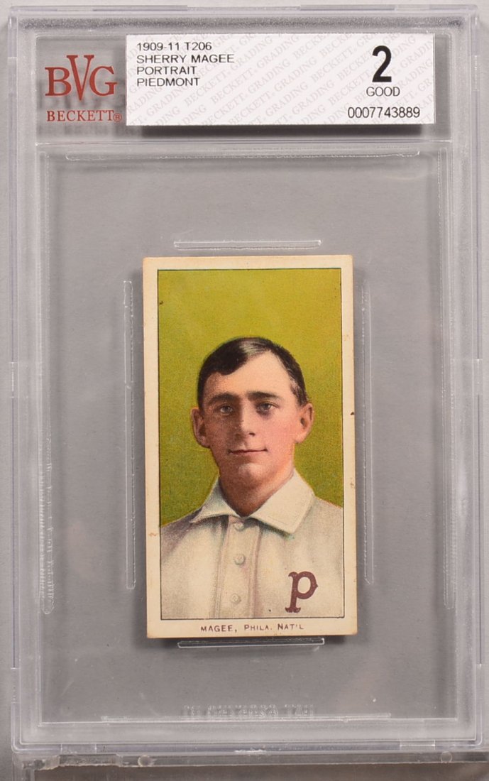 T-206 white border card circa 1909-1911. Sherry Magee: T-206 white border card circa 1909-1911. Sherry Magee of Philadelphia with a Piedmont back, portrait. Condition: Good 2 in a Beckett graded holder. In our opinion front EX/MT+ 6.5. Back has in period