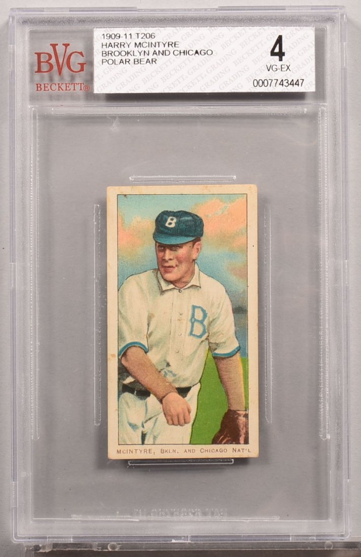 T-206 white border card circa 1909-1911. Harry McIntyre: T-206 white border card circa 1909-1911. Harry McIntyre of Brooklyn and Chicago with a Polar Bear back. Condition: VG/EX 4 in a Beckett graded holder. In our opinion EX/MT 6.