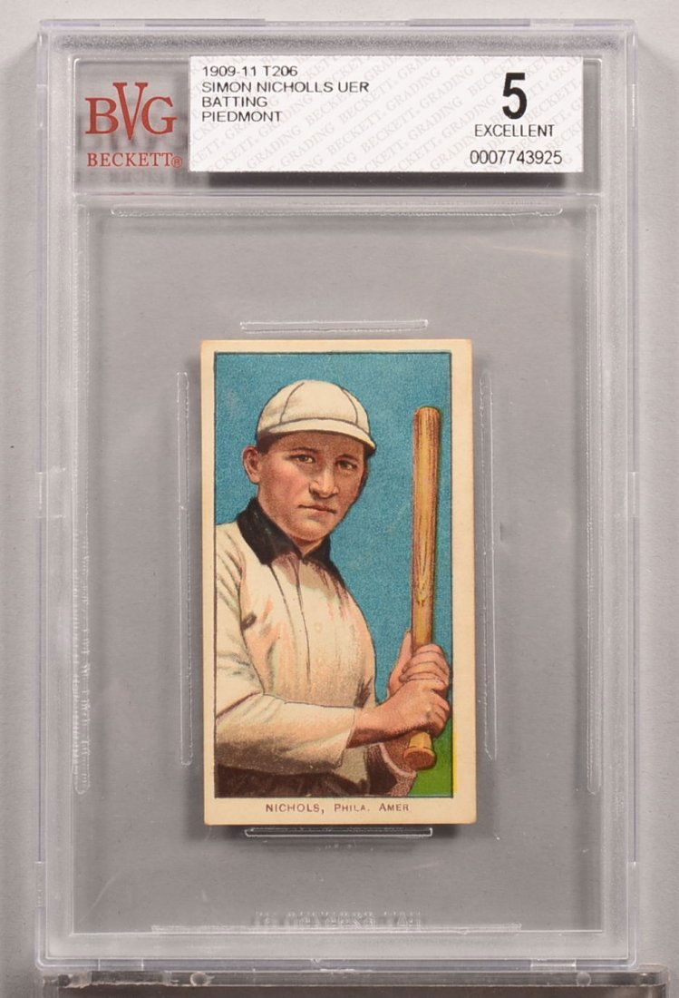 T-206 white border card circa 1909-1911. Simon Nichols: T-206 white border card circa 1909-1911. Simon Nichols of Philadelphia with a Piedmont back, batting. Note: His name is incorrectly spelled on card as standard issue. The correct spelling is Nicholls.