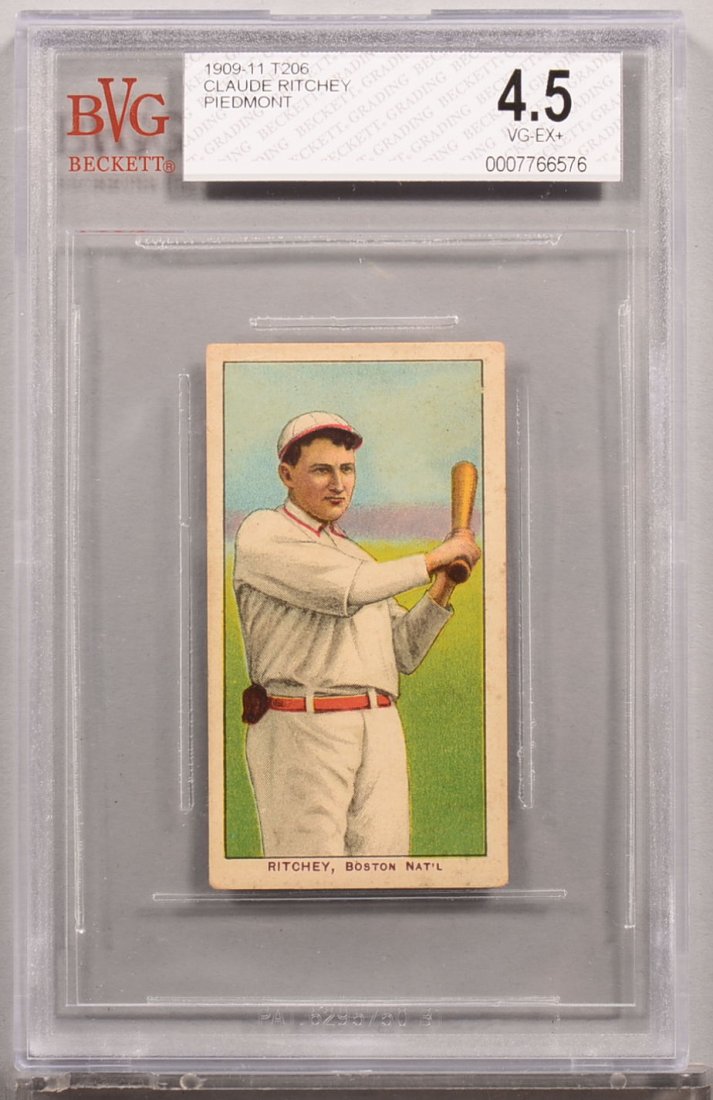 T-206 white border card circa 1909-1911. Claude Ritchey: T-206 white border card circa 1909-1911. Claude Ritchey of Boston with a Piedmont back. Condition: VG/EX+ 4.5 in a Beckett graded holder. Has a small piece of the original tobacco on the back. In our 