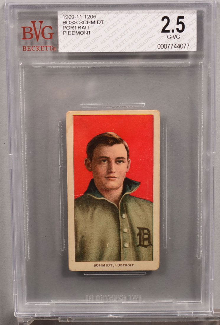 T-206 white border card circa 1909-1911. Boss Schmidt: T-206 white border card circa 1909-1911. Boss Schmidt of Detroit with a Piedmont back, portrait. Condition: Good/VG 2.5 in a Beckett graded holder. Back has parallel line thin brown stains from being
