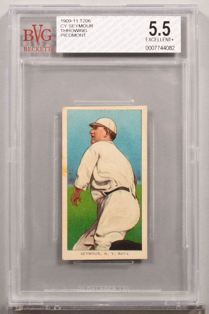 T-206 white border card circa 1909-1911. Cy Seymour of: T-206 white border card circa 1909-1911. Cy Seymour of New York with a Piedmont back, throwing. Condition: EX+ 5.5 in a Beckett graded holder. Has slight angular cut as made at top and bottom borders.