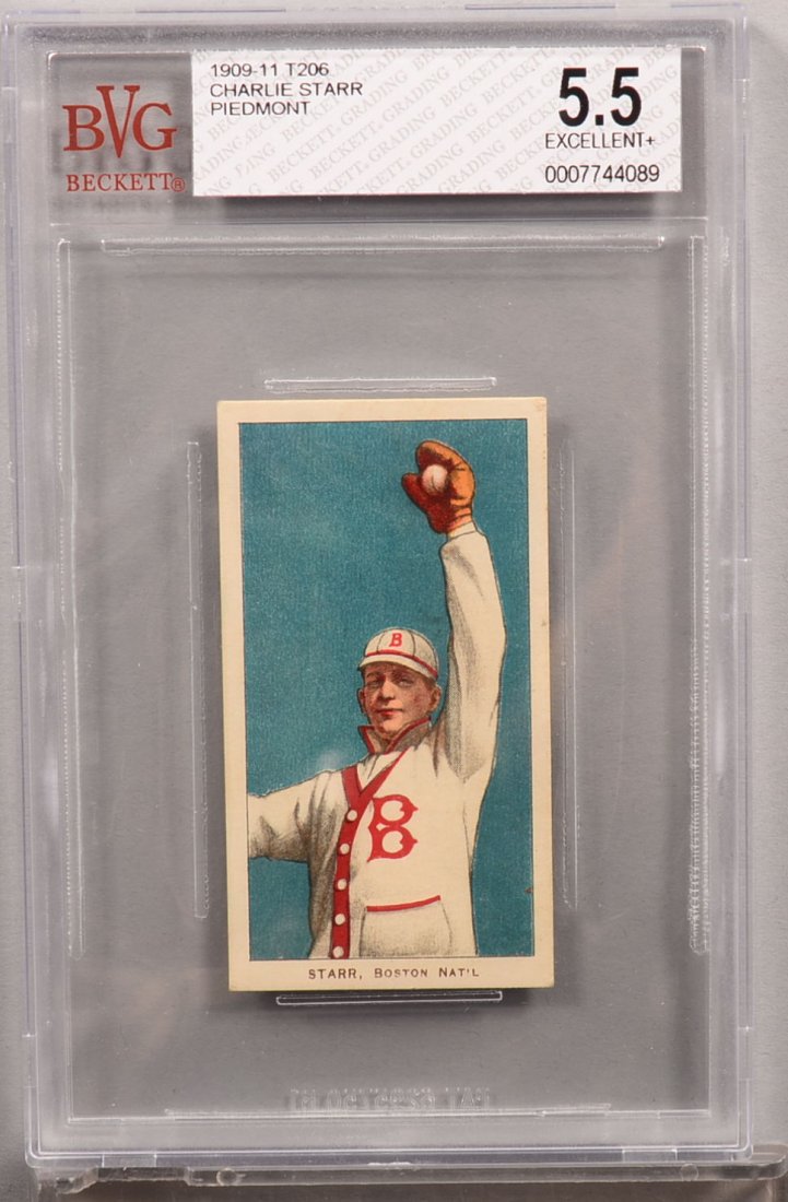 T-206 white border card circa 1909-1911. Charlie Starr: T-206 white border card circa 1909-1911. Charlie Starr of Boston with a Piedmont back. Condition: EX+ 5.5 in a Beckett graded holder. In our opinion EX/MT+ 6.5.