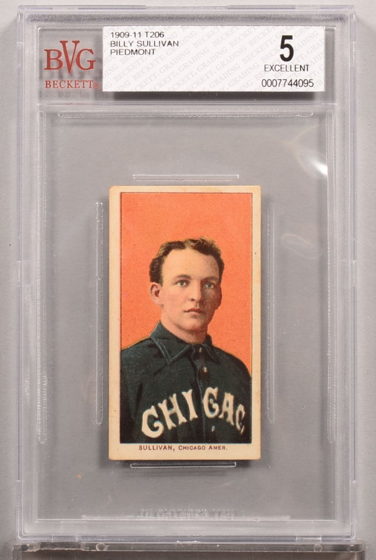 T-206 white border card circa 1909-1911. Billy Sullivan: T-206 white border card circa 1909-1911. Billy Sullivan of Chicago with a Piedmont back. Condition: EX 5 in a Beckett graded holder. In our opinion EX/MT 6.
