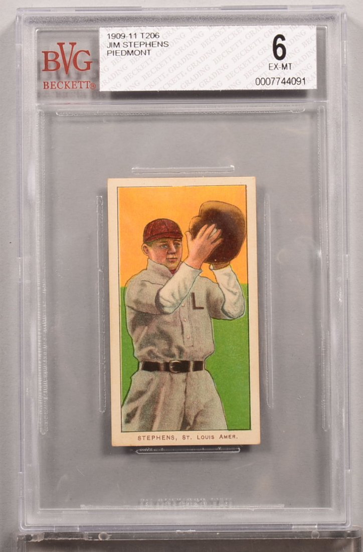 T-206 white border card circa 1909-1911. Jim Stephens: T-206 white border card circa 1909-1911. Jim Stephens of St. Louis with a Piedmont back. Condition: EX/MT 6 in a Beckett graded holder. In our opinion NM 7.