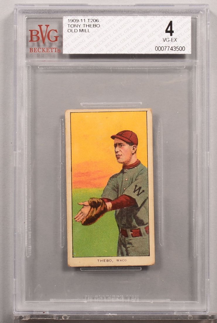 T-206 white border card circa 1909-1911. Tony Thebo of: T-206 white border card circa 1909-1911. Tony Thebo of Waco with an Old Mill back. Condition: VG/EX 4 in a Beckett graded holder. In our opinion EX 5.
