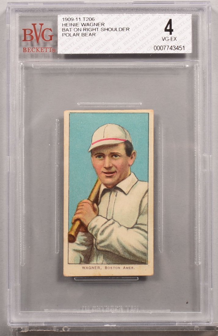 T-206 white border card circa 1909-1911. Heinie Wagner: T-206 white border card circa 1909-1911. Heinie Wagner of Boston with a Polar bear back, bat on his right shoulder. Condition: VG/EX 4 in a Beckett graded holder. In our opinion EX/MT 6.