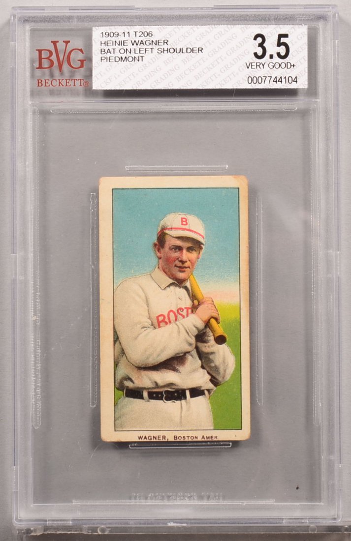 T-206 white border card circa 1909-1911. Heinie Wagner: T-206 white border card circa 1909-1911. Heinie Wagner of Boston with a Piedmont back, bat on his left shoulder. Condition: VG+ 3.5 in a Beckett graded holder. Right border on front has light brown st