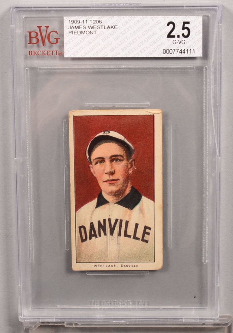 T-206 white border card circa 1909-1911. James Westlake: T-206 white border card circa 1909-1911. James Westlake of Danville with a Piedmont back. Condition: Good/VG 2.5 in a Beckett graded holder. Right front top corner tip has thin top layer of paper bent