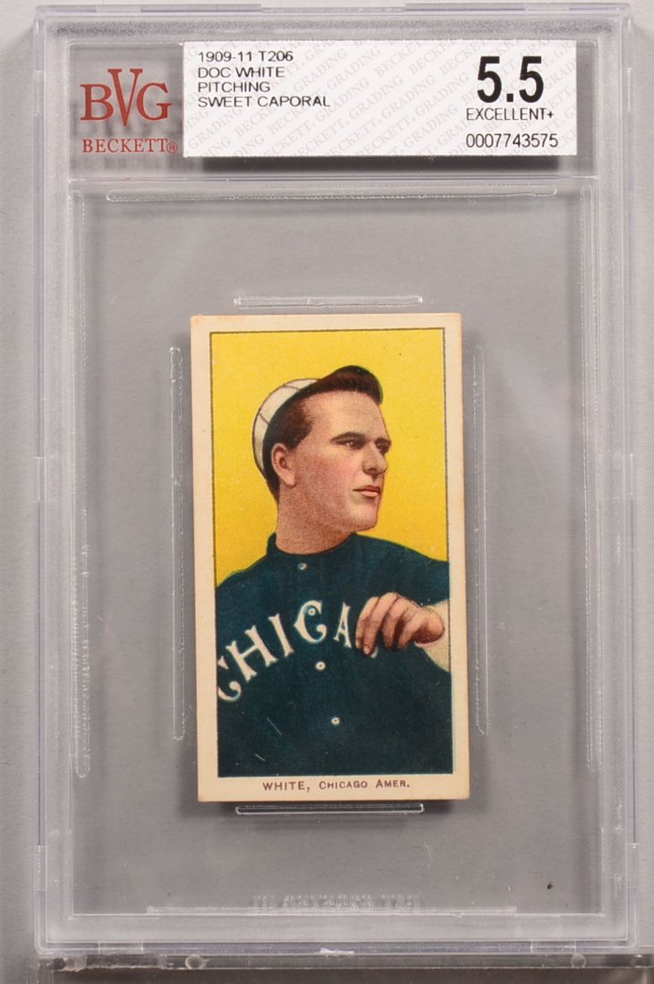 T-206 white border card circa 1909-1911. Doc White of: T-206 white border card circa 1909-1911. Doc White of Chicago with a Sweet Caporal back, pitching. Condition: EX+ 5.5 in a Beckett graded holder. In our opinion EX/MT+ 6.5.