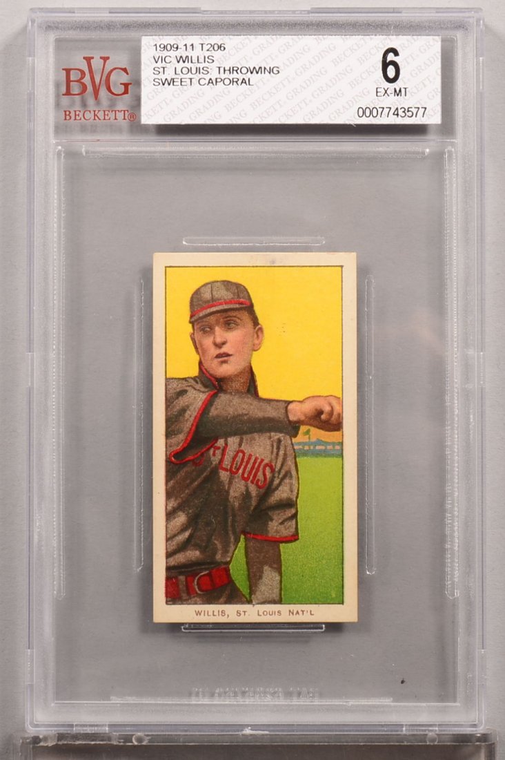 T-206 white border card circa 1909-1911. Vick Willis of: T-206 white border card circa 1909-1911. Vick Willis of St. Louis with a scarce Factory No. 42 N. C. Sweet Caporal back, throwing. Condition: EX/MT 6 in a Beckett graded holder. In our opinion NM/MT 8