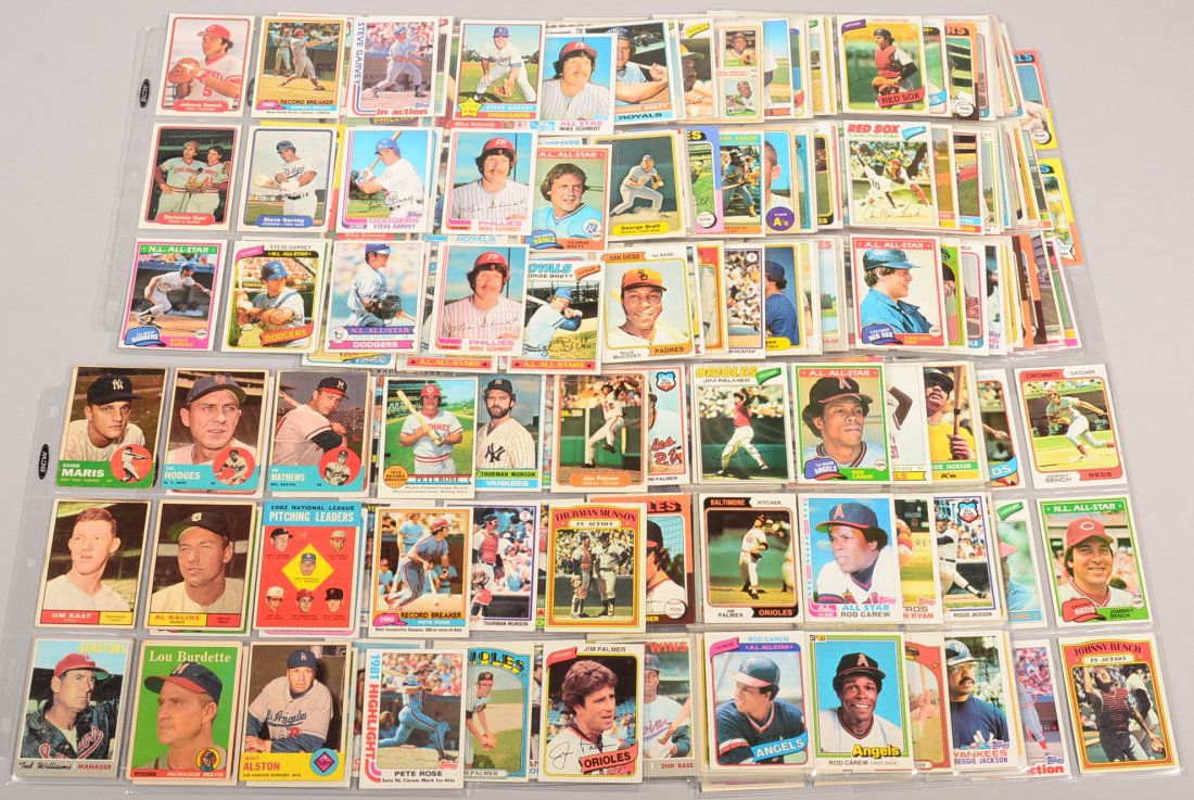Three hundred and twenty-one cards mostly from late: Three hundred and twenty-one cards mostly from late 1960's to 1982. Most of the cards are issued by Topps. Included are many star cards of Pete Rose, Rod Carew, Nolan Ryan, Reggie Jackson, Yastrzemski