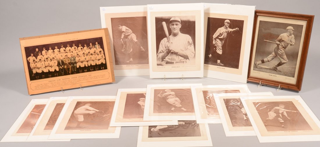 Thirteen "Baseball Magazine Company" magazine premium: Thirteen "Baseball Magazine Company" magazine premium posters, series M-114 issued circa 1910 to 1957. Also included is a framed Chicago Cubs National League Champions 1929 Philadelphia Inquirer newsp