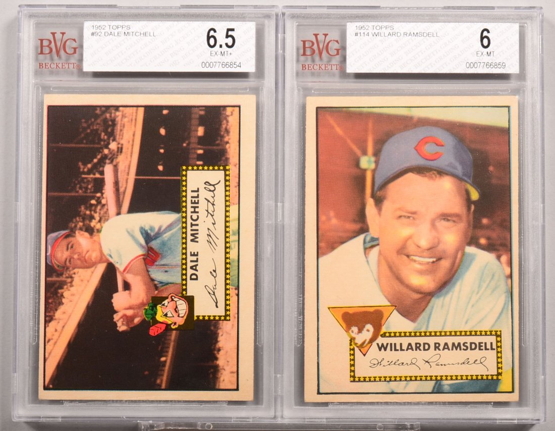 Two Topps 1952 series baseball cards: #92 Dale: Two Topps 1952 series baseball cards: #92 Dale Mitchell. #114 Willard Ramsdell. Condition: Both in Beckett graded holders. Mitchell - EX/MT+ 6.5. Ramsdell - EX/MT 6.